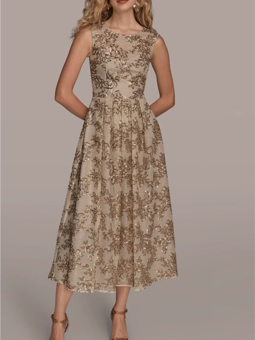 Donna Karan Champagne Gold Embroidered Midi Dress